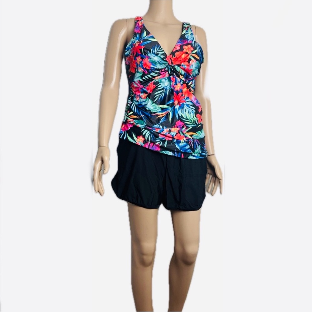 NWT Tankini Tropical Print Bikini Top Matching Black Swim Shorts with Pockets! - Picture 5 of 14